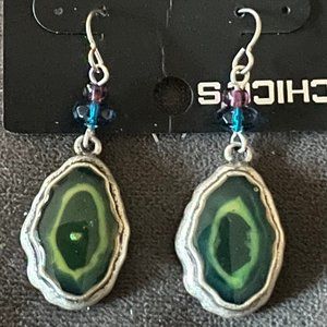 NWT Chico's Drop Green Stone, Blue & Purple Bead, Silver Wire Hook Earrings
